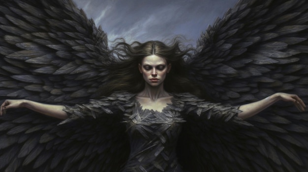 Eine Frau mit Flügeln, auf der „Engel“ steht. Generative KI