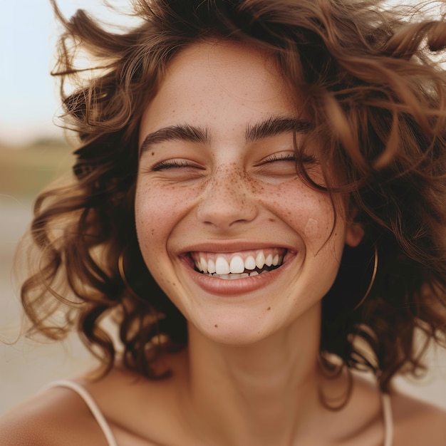 Foto eine frau mit freckles und einem lächeln, das sagt lächeln