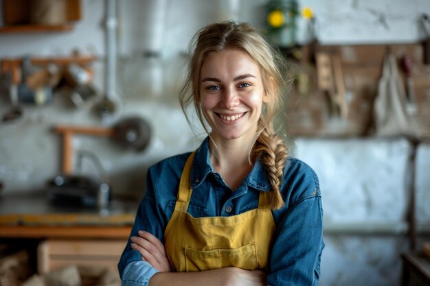 eine Frau mit gekreuzten Armen und einem Lächeln auf dem Gesicht