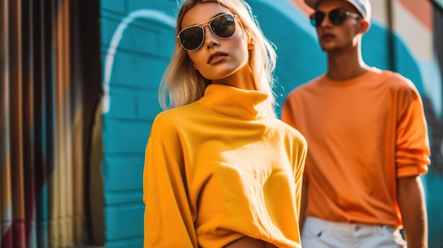 Eine Frau mit gelbem Hemd und Sonnenbrille steht vor einer blauen Wand.