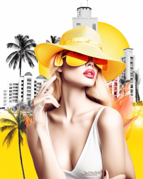 Eine Frau mit gelbem Hut und Sonnenbrille steht an einem Strand mit Palmen im Hintergrund.