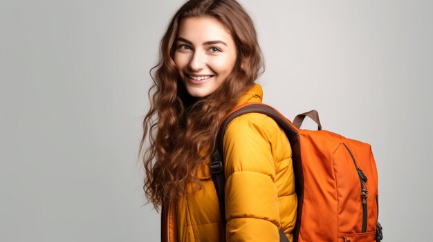 Eine Frau mit gelber Jacke und Rucksack