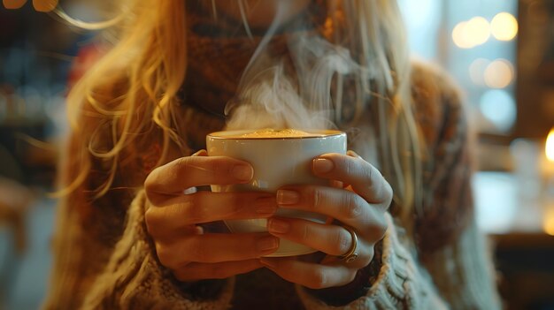 Foto eine frau mit geschichtetem haar hält mit dem daumen einen heißen kaffee in einem trinkbecher