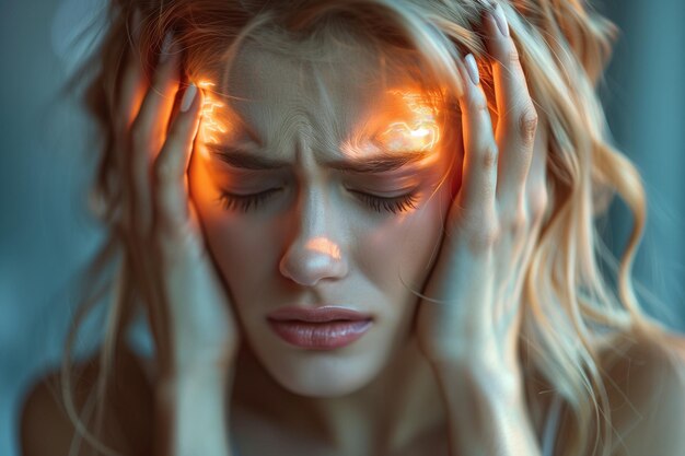 Foto eine frau mit geschlossenen augen, die kopfschmerzen hat