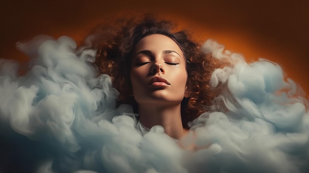 Eine Frau mit geschlossenen Augen, umgeben von Rauch. Generative KI