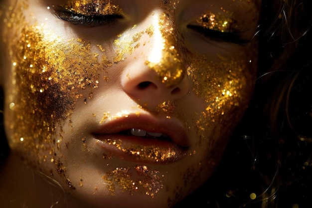 Eine Frau mit goldenem Glitzer im Gesicht ist mit goldenem Glitzer bedeckt.
