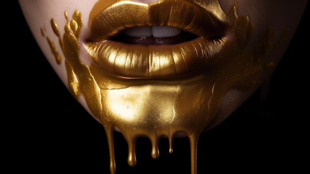 Eine Frau mit goldenen Lippen, die mit Goldfarbe bedeckt sind