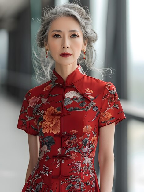 Eine Frau mit grauen Haaren in einem roten Cheongsam-Kleid zeigt ein Modedesign