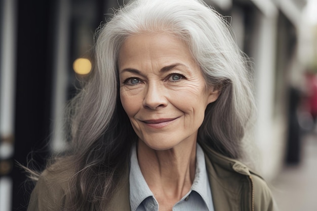 Eine Frau mit grauen Haaren lächelt in die Kamera.