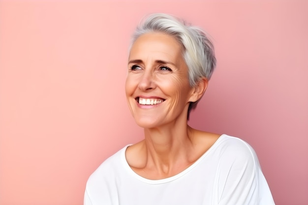 Eine Frau mit grauen Haaren lächelt vor rosa Hintergrund