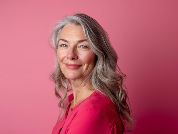 Eine Frau mit grauen Haaren posiert vor einem rosa Hintergrund