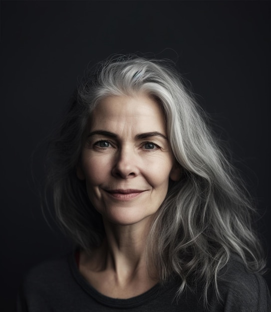 Eine Frau mit grauen Haaren und blauen Augen steht vor einem schwarzen Hintergrund