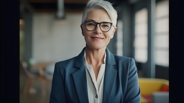 Eine Frau mit grauen Haaren und Brille steht in einem Raum mit einem Fenster und einer Wand dahinter.