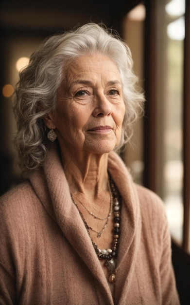 eine Frau mit grauen Haaren und einem braunen Schal.