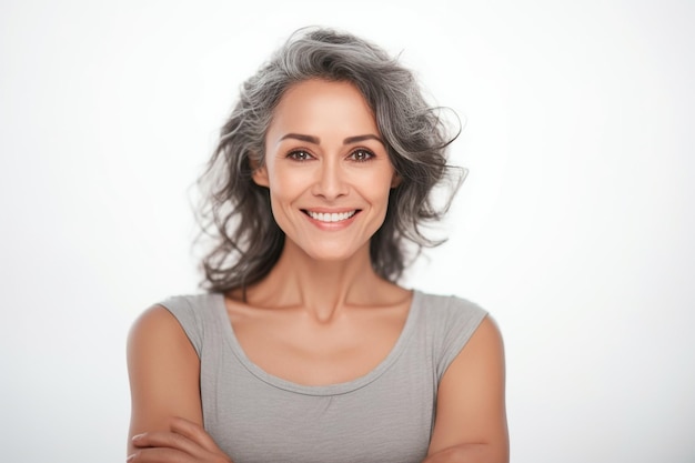 Eine Frau mit grauen Haaren und einem grauen Hemd auf weißem Hintergrund.