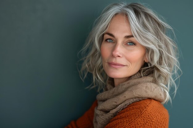 Eine Frau mit grauen Haaren und einem orangefarbenen Pullover