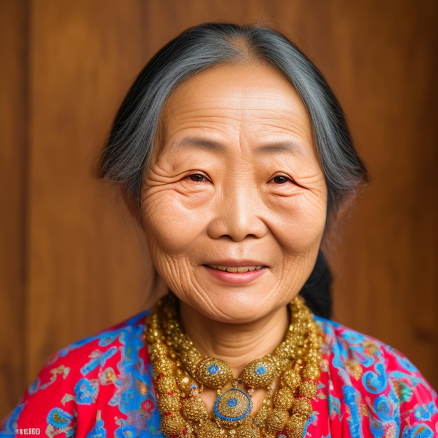 Eine Frau mit grauen Haaren und einem rot-blauen Oberteil lächelt.