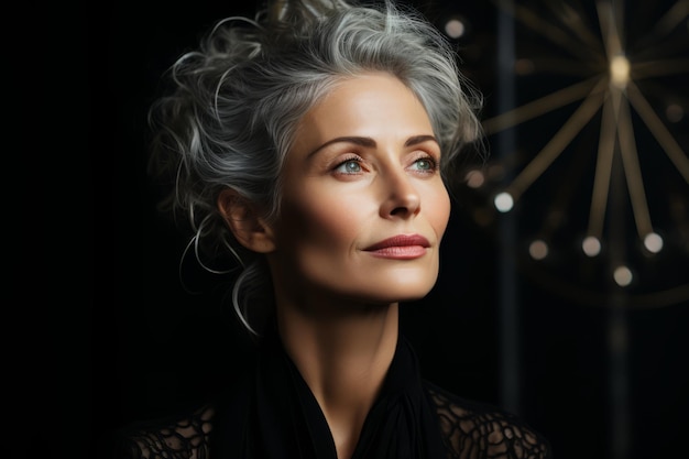 Eine Frau mit grauen Haaren und einem schwarzen Top steht vor einem schwarzfarbenen Hintergrund.