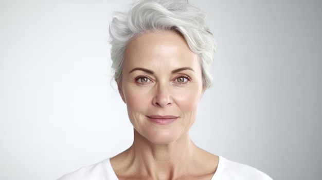 Eine Frau mit grauen Haaren und einem weißen Hemd