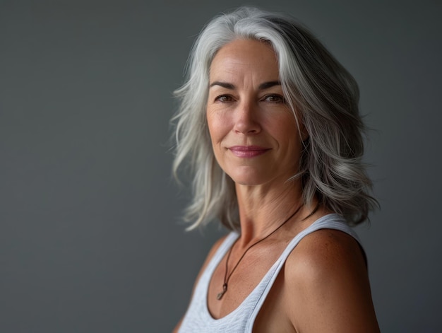 Eine Frau mit grauen Haaren und einem weißen Tanktop