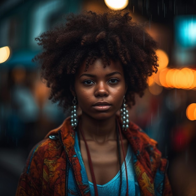 Eine Frau mit großer Afro-Frisur steht im Regen.