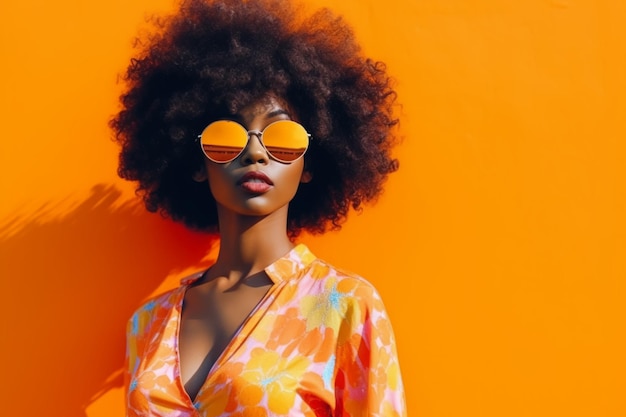 Eine Frau mit großer Afro-Frisur und Sonnenbrille steht vor einer gelben Wand.