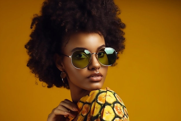 Eine Frau mit großer Afro-Frisur und Sonnenbrille