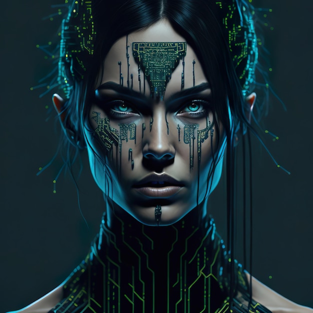 Eine Frau mit grünem Gesicht und futuristischem Gesicht
