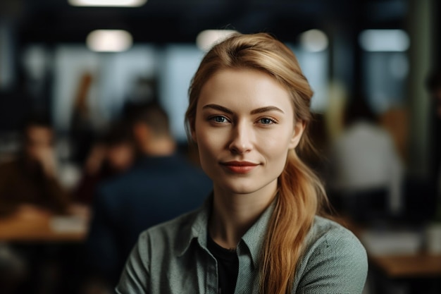 Eine Frau mit grünem Hemd und grünem Hemd steht in einem Café mit verschwommenem Hintergrund.