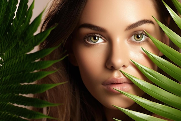 eine Frau mit grünen Augen schaut in die Kamera mit einer Pflanze im Vordergrund