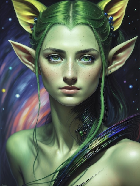 Eine Frau mit grünen Hörnern und grünen Hörnern mit violettem Hintergrund.
