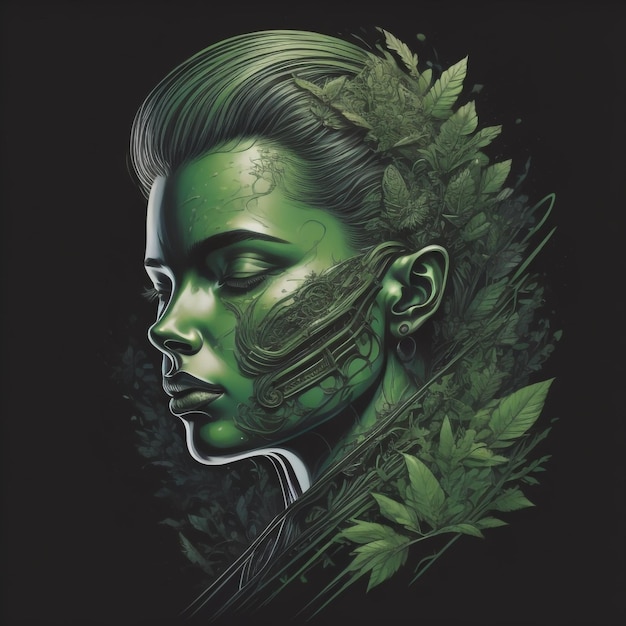 Eine Frau mit grüner Haut und einem grünen Gesicht mit Blättern.