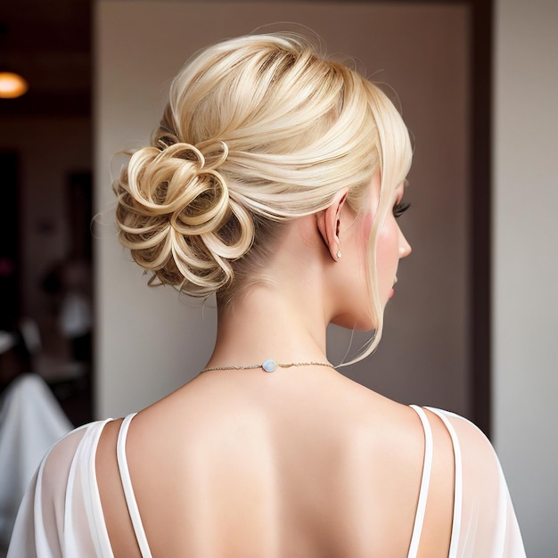 Eine Frau mit Haarknoten trägt ein weißes Kleid.