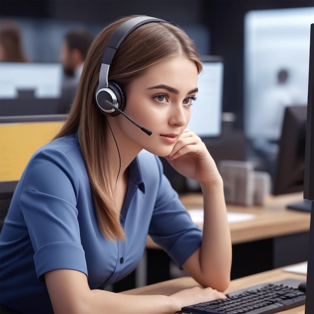 eine Frau mit Headset sitzt vor einem Computer