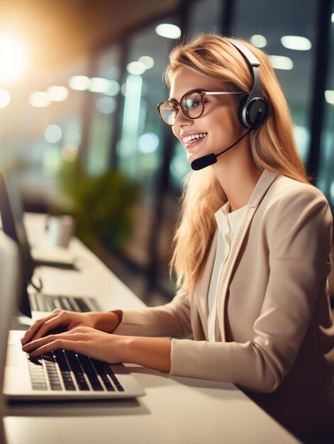 eine Frau mit Headset sitzt vor einem Computer