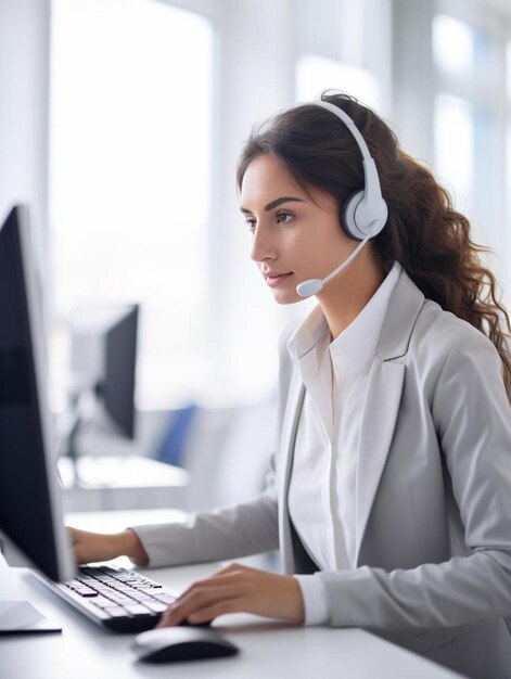 eine Frau mit Headset sitzt vor einem Computer