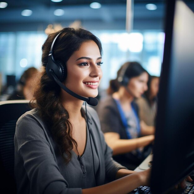 eine Frau mit Headset sitzt vor einem Computer