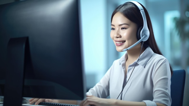 Eine Frau mit Headset sitzt vor einem Computer.