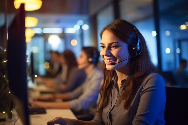 Eine Frau mit Headset sitzt vor einem Computerbildschirm.