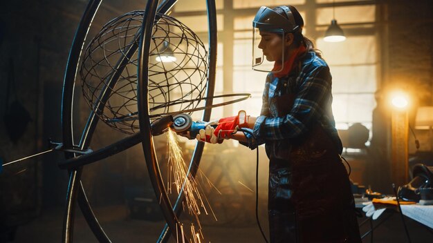 Foto eine frau mit helm schweißt mit einer taschenlampe ein metallstück.