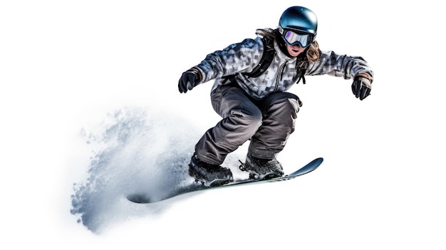 Eine Frau mit Helm sitzt auf einem Snowboard im Schnee.