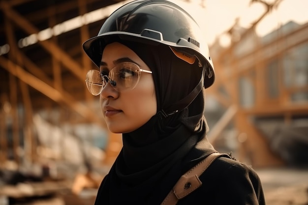 Eine Frau mit Helm und Brille steht auf einer Baustelle.