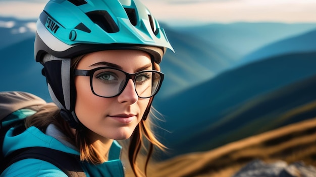 Eine Frau mit Helm und Brille steht zuversichtlich vor einer hohen Bergkulisse, bereit für Abenteuer und Erkundungen. Sie bereitet sich vielleicht auf eine Fahrradfahrt oder eine andere Outdoor-Aktivität vor