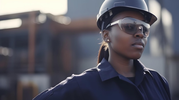 Eine Frau mit Helm und Sonnenbrille steht vor einem Gebäude.