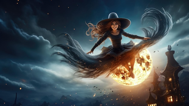 Eine Frau mit Hexenhut fliegt am dunklen Nachthimmel.