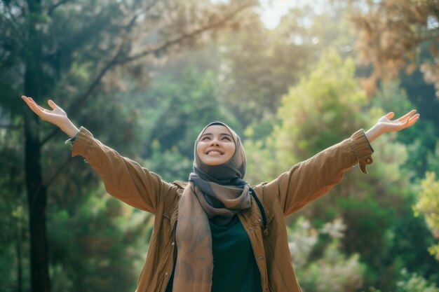 Eine Frau mit Hijab, die in die reine Freude der grünen Natur eingetaucht ist