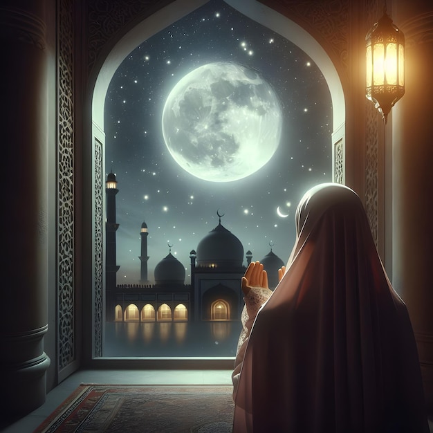eine Frau mit Hijab sitzt vor einem Fenster mit einem Mond und einem Gebäude mit einem Mond hinter ihr