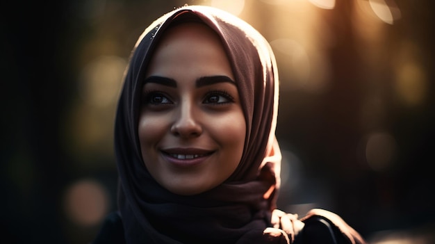 Eine Frau mit Hijab und Schal lächelt in die Kamera.