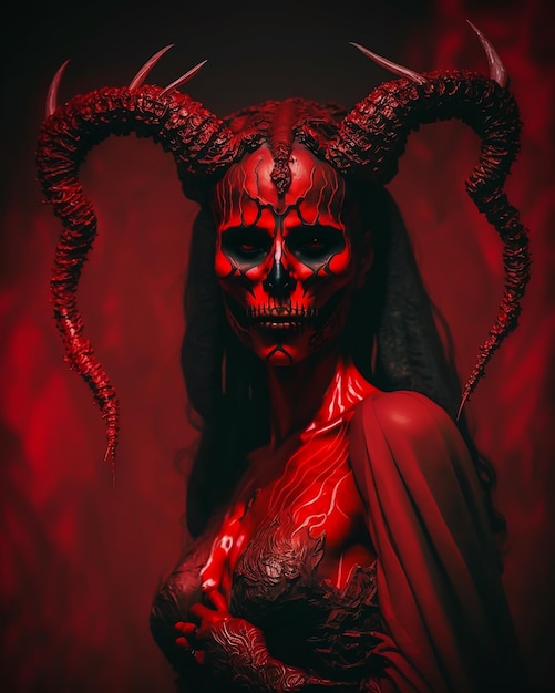 Eine Frau mit Hörnern und einem roten Totenkopf mit Hörnern
