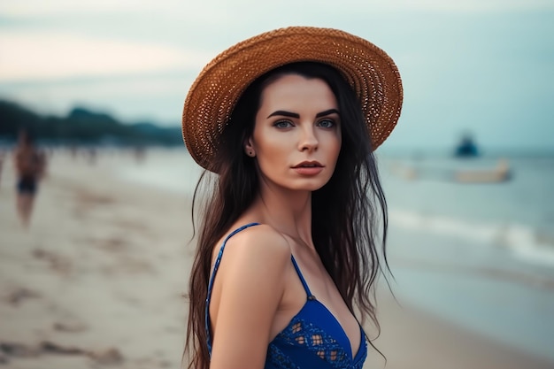 Eine Frau mit Hut am Strand